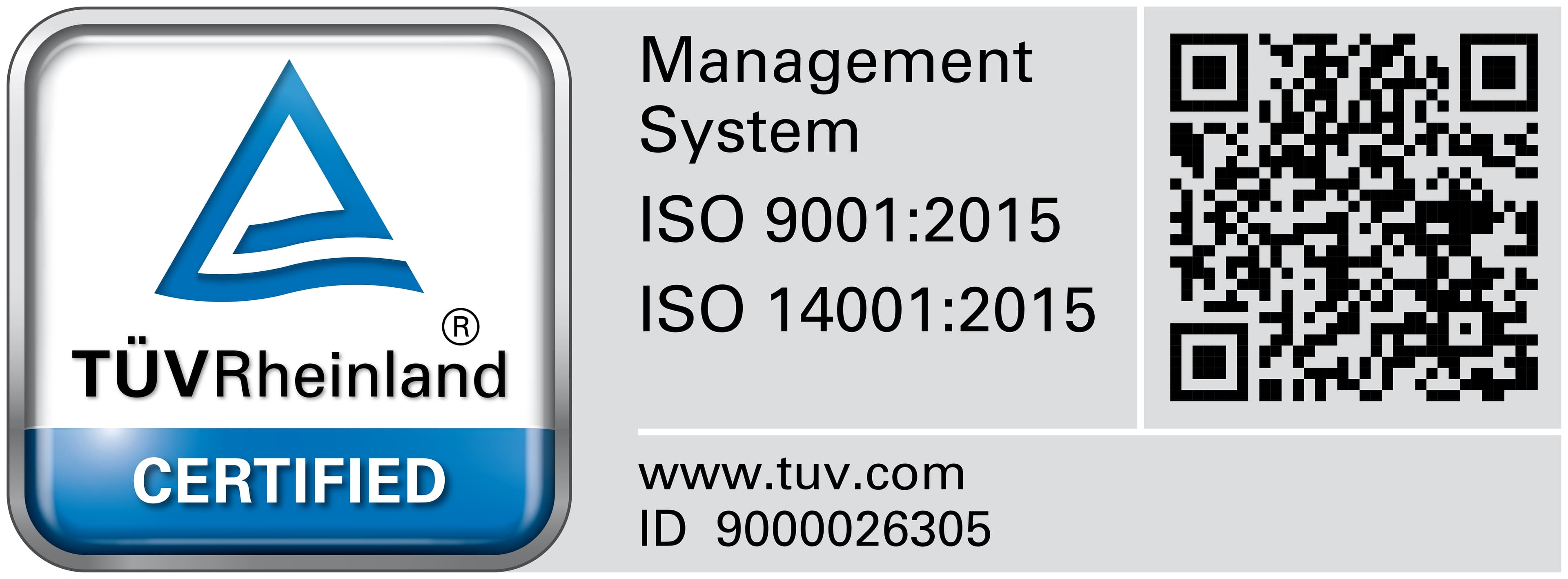 TÜV Rheinland ISO 9001:2015 and ISO 14001:2015 certification